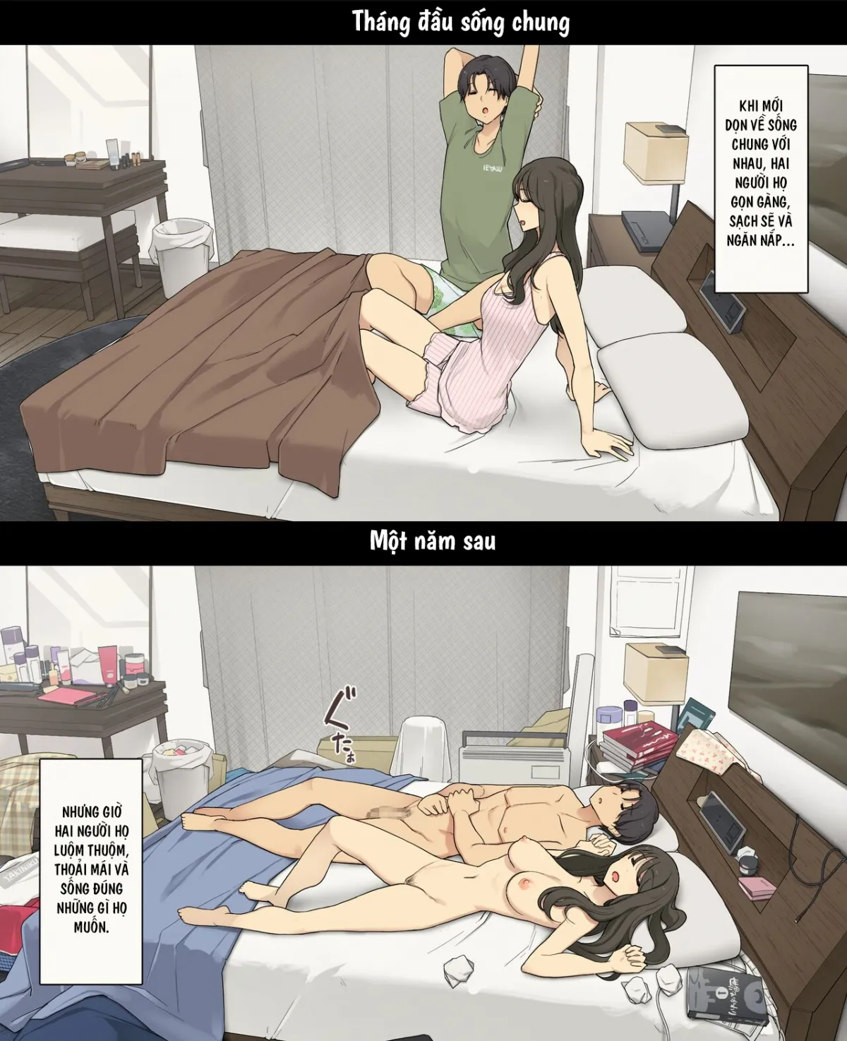 HentaiVN.net - Ảnh 28 - Cuộc sống thường nhật của một cặp đôi: Tháng đầu sống chung và một năm sau [Dousei Seikatsu Ikkagetsume to Ichinen Ato, Asaokite kara Shuushin made no Hikaku; A Day in the Life of a Couple: Their First Month Living Together vs. One Year Later] - Oneshot