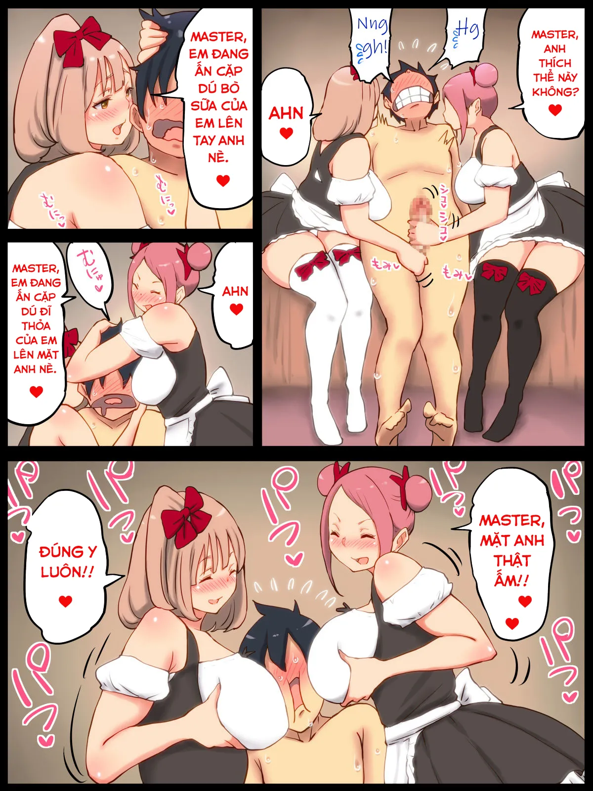 HentaiVN.net - Ảnh 7 - Những Cái Lồn Múp Và Chàng Trai Số Hưởng! [Motto An An Dopyun; Fuck Me More, Make Me Moan!] - Part 4: 3somes cùng hai em hầu gái dú to dâm đãng chuyên chăm sóc cặc cho master